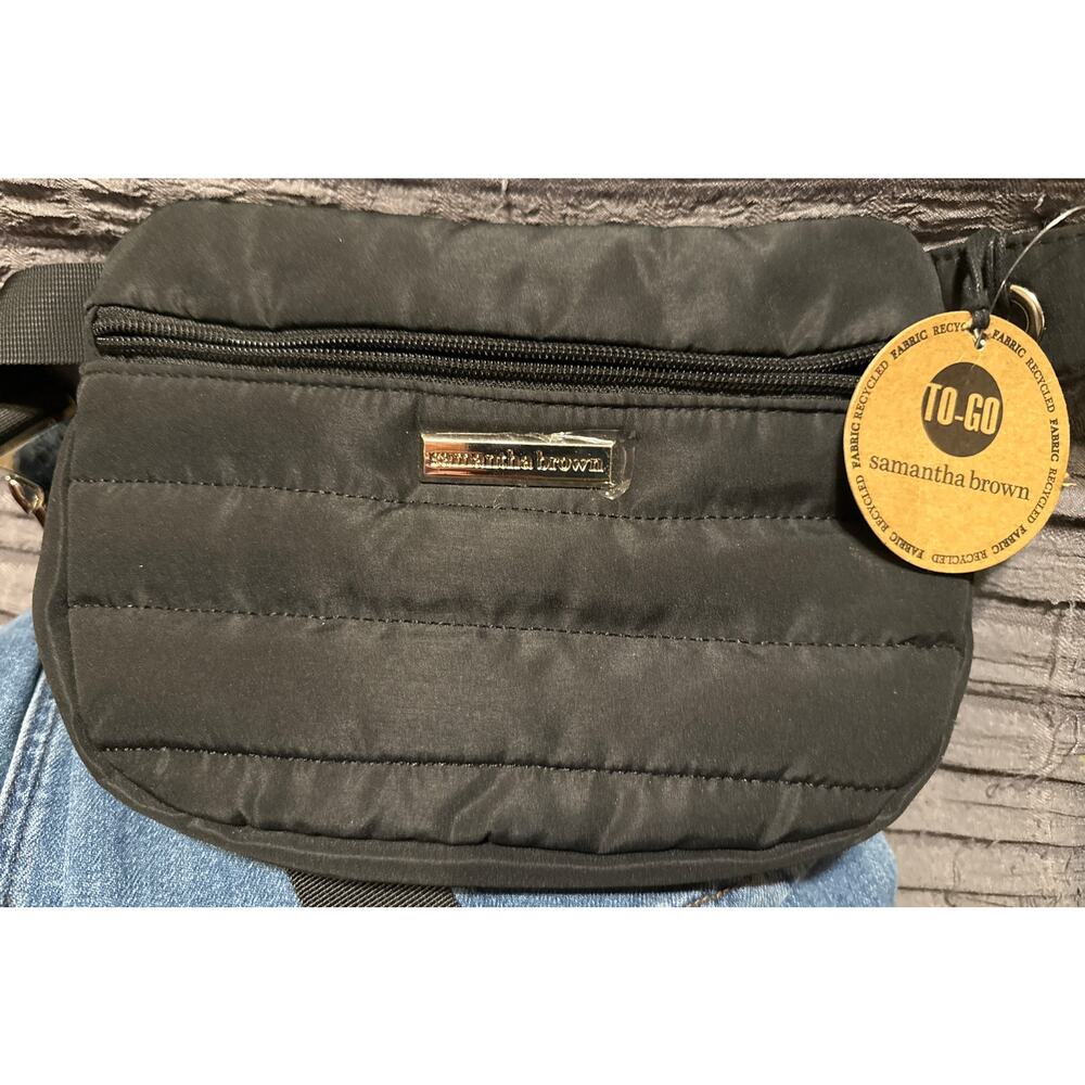Samantha Brown, NEW, Black Quilted Pouch w Adjustable Strap,‎ Chrome Metal Strap